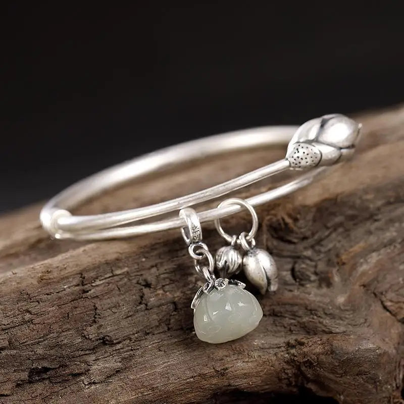 silver inlaid natural Hotan  Chalcedony lotus blossom Bracelet Chinese classical elegant lady adjustable brand jewelry