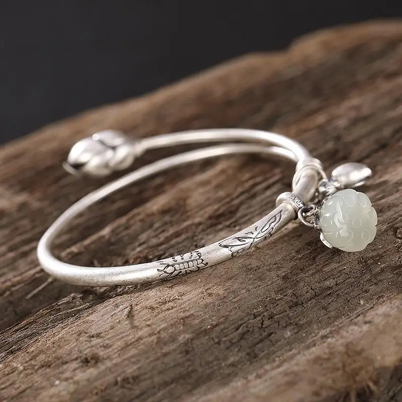 silver inlaid natural Hotan  Chalcedony lotus blossom Bracelet Chinese classical elegant lady adjustable brand jewelry