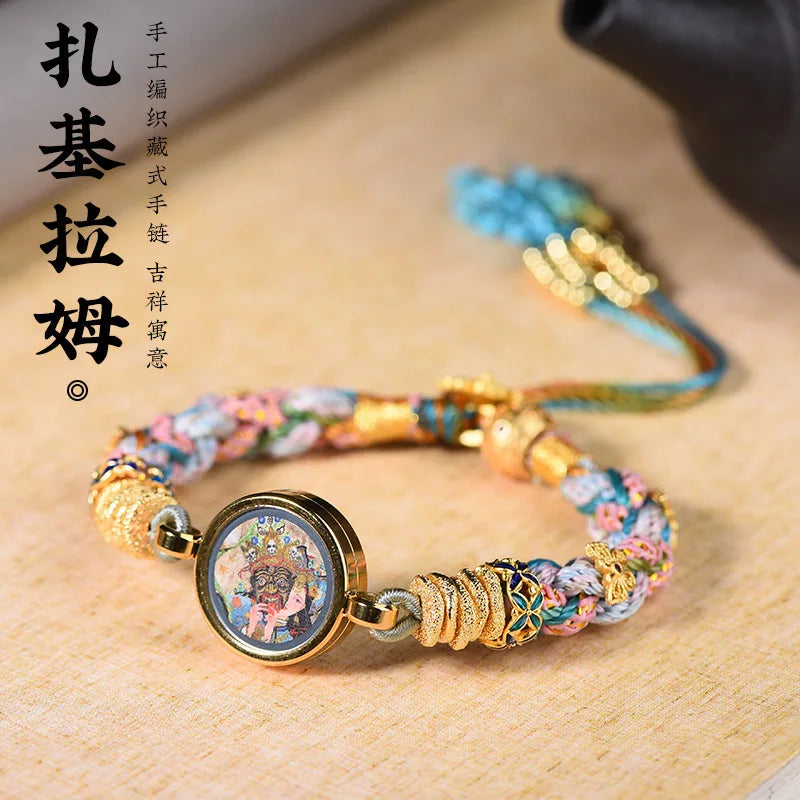 Handwoven Chinese Tibetan Ethnic Style Zakiram Wutai Mountain Five Elders Thangka Yellow Wealth God Bracelet For Women