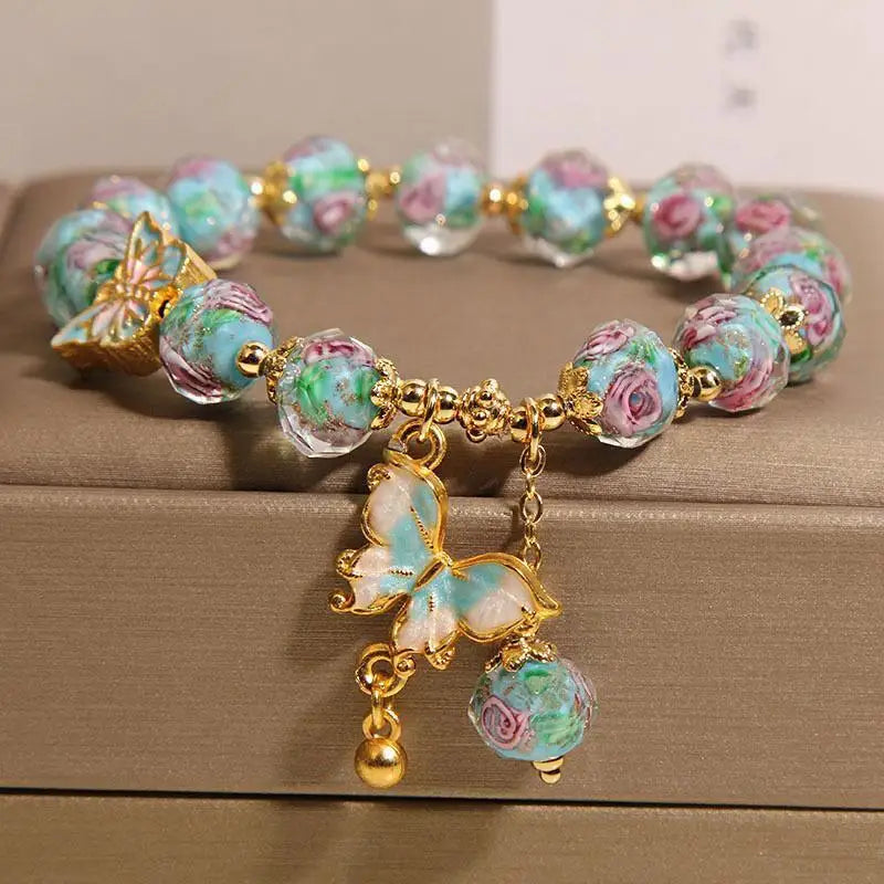 New Chinese Style Rose Garden Glass Bracelet Women Light Luxury Niche High-End Butterfly Pendant Bracelet Gift For Best Friend