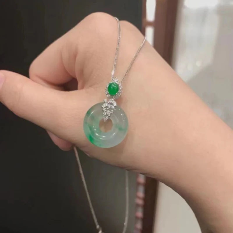 Inspired Natural Ice seed Jade Chalcedony Round Necklaces Ruyi Chinese Style clavicle chain Classic Silver Jewelry for Women